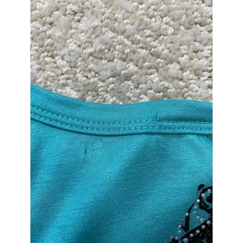 Y2K Vocal Turquoise Sleeveless Rhinestone Cross Tunic Top Rayon Spandex Size S - Picture 15 of 15